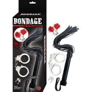 BONDAGE BY NASSTOYS WHIP, FEATHER & CUFFS-RED